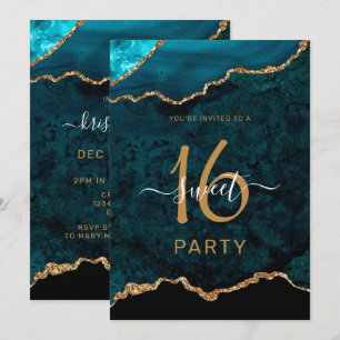 Convites Chic Sweet 16 Teal Dourado Agate Party