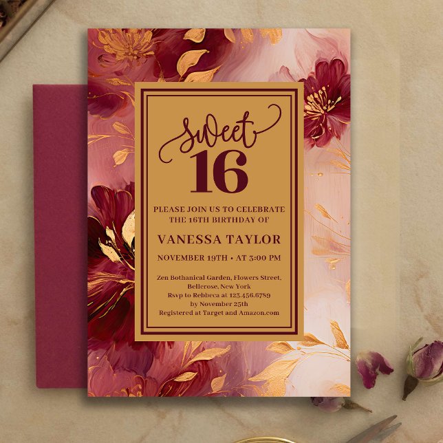 Convites Chic Sweet Sixteen Burgundy Roses Gold Invitation (Chic Sweet Sixteen Burgundy Roses Gold Invitation)