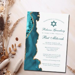 Convites Chic Teal Dourado Agate Bat Mitzvah