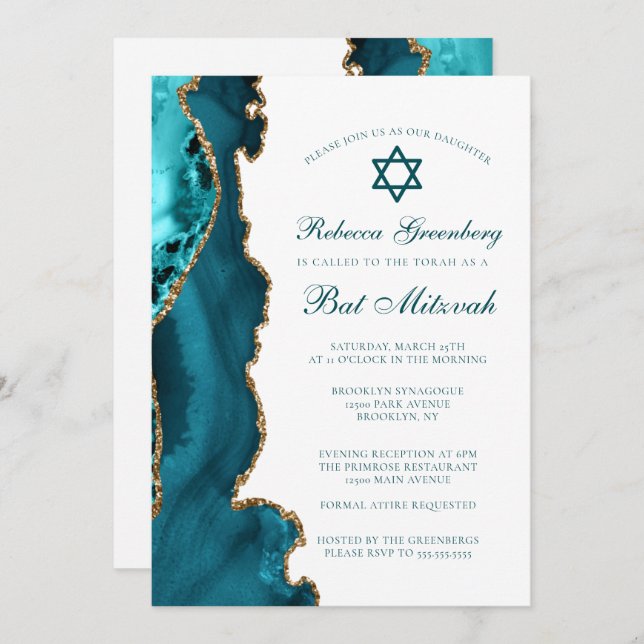 Convites Chic Teal Dourado Agate Bat Mitzvah (Frente/Verso)