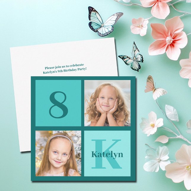 Convites Chic Teal Photo Collage Custom Birthday Party (Criador carregado)