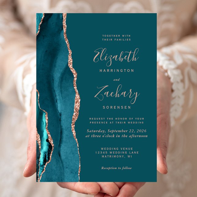 Convites Chic Teal Rose Gold Ágata Casamento (Criador carregado)