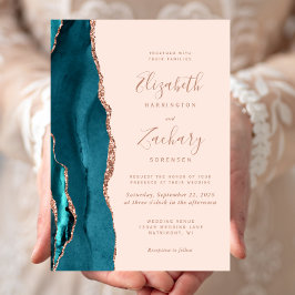 Convites Chic Teal Rose Gold Ágata Rosa Pálido Casamento