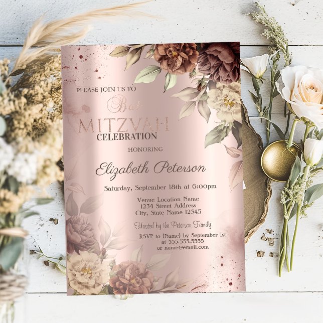 Convites Chic Terracotta Rosas Bat Mitzvah Dourado Rosa (Criador carregado)