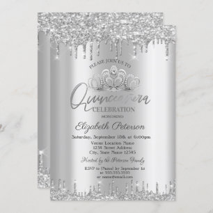 Convites Chic Tiara, Glitter Silver Gota Quinceañera