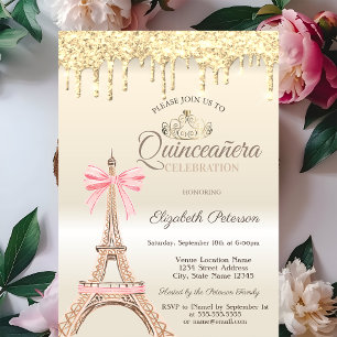 Convites Chic Torre Eiffel Arco Pingando Ouro Quinceañera 