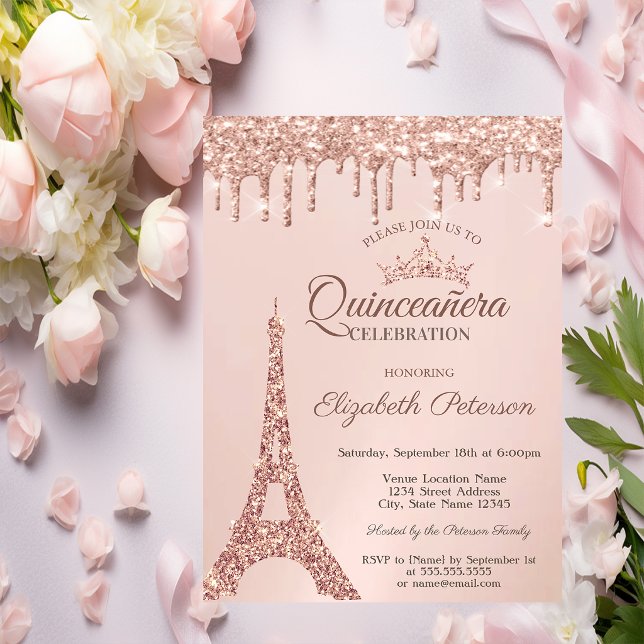 Convites Chic Torre Eiffel, Rosa Drips Quinceañera Dourada (Criador carregado)