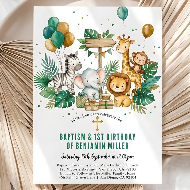 Convites Chic Tropical Safari Jungle Baptism 1st Birthday (Chic Tropical Safari Jungle Baptism 1st Birthday Invitation)