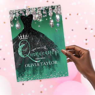 Convites Chic verde brilho prata goteja Quinceanera