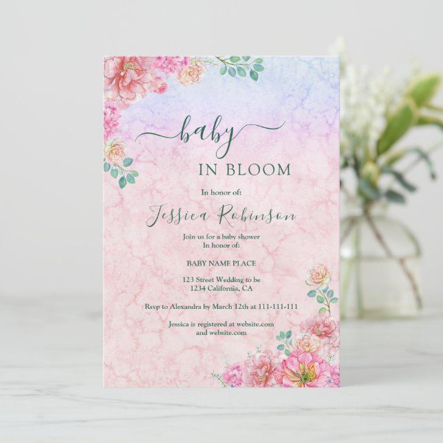 Convites Chic Verde e Rosa Floral de Aquarela chá de bebê (Em pé/Frente)