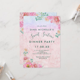 Convites Chic Verde & Rosa Delicado Aquarela Sweet 16