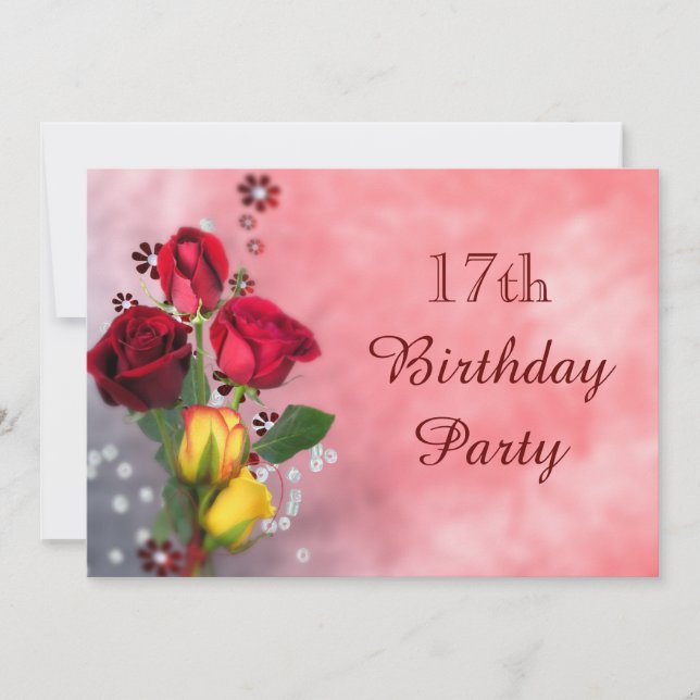 Convites Chic Vermelhas & Amarelas Rosas Aniversário de 17  (Frente)