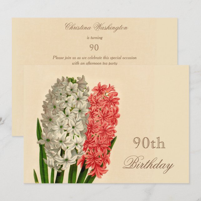 Convites Chic Vintage Jacintos Aniversário de 90 anos (Frente/Verso)