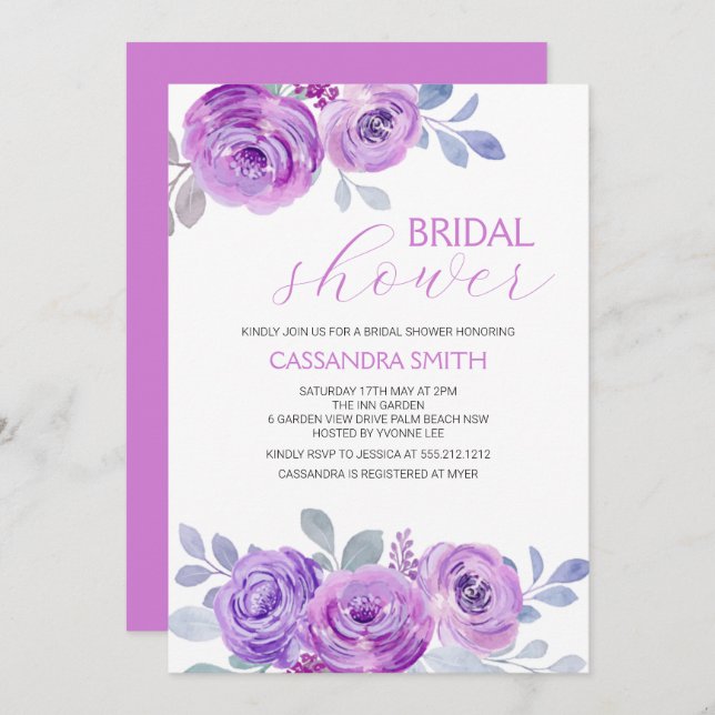 Convites Chic Violet Rose Greenery Floral Bridal Shower  (Frente/Verso)