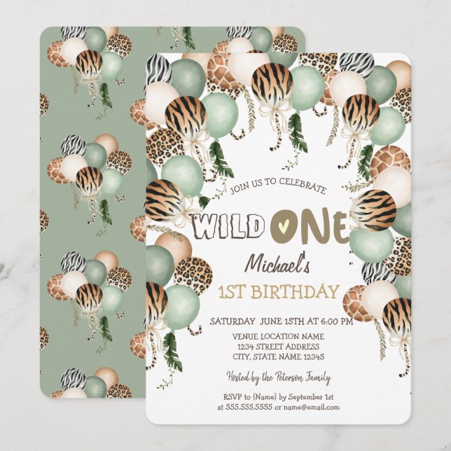 Convites Chic Watercolor Animal Print Balloons 1rua (Frente/Verso)