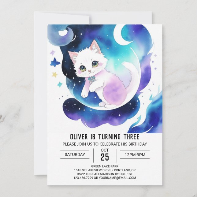 Convites Chic Watercolor Cat Birthday (Frente)