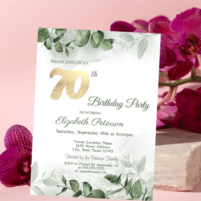 Convites Chic Watercolor Eucalyptus Greenery 70 Birthday (Criador carregado)