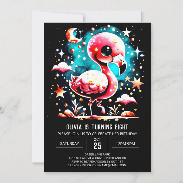 Convites Chic Watercolor Flamingo Birthday (Frente)