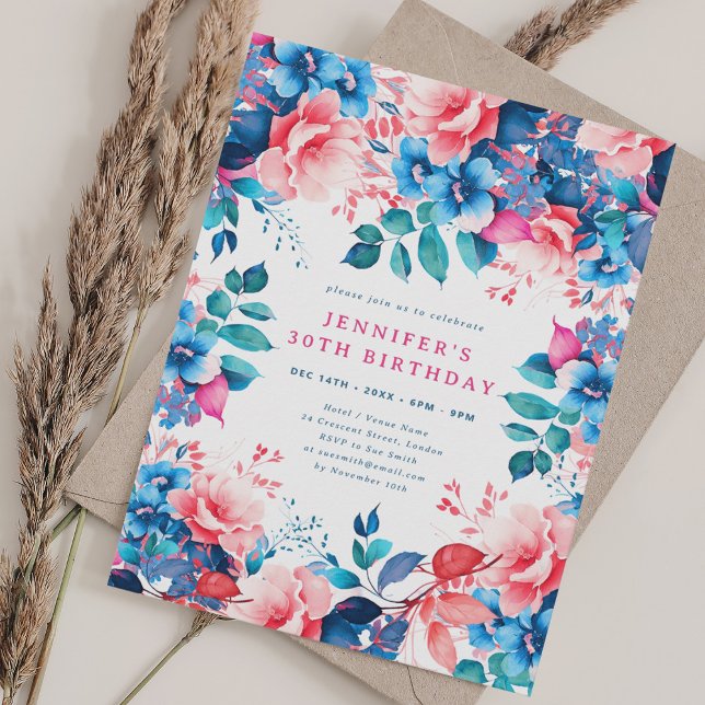 Convites Chic Watercolor Floral aniversário de 30 anos (Chic Watercolor Floral 30th Birthday Invitation)
