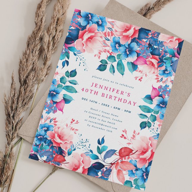 Convites Chic Watercolor Floral aniversário de 40 anos (Chic Watercolor Floral 40th Birthday Invitation)
