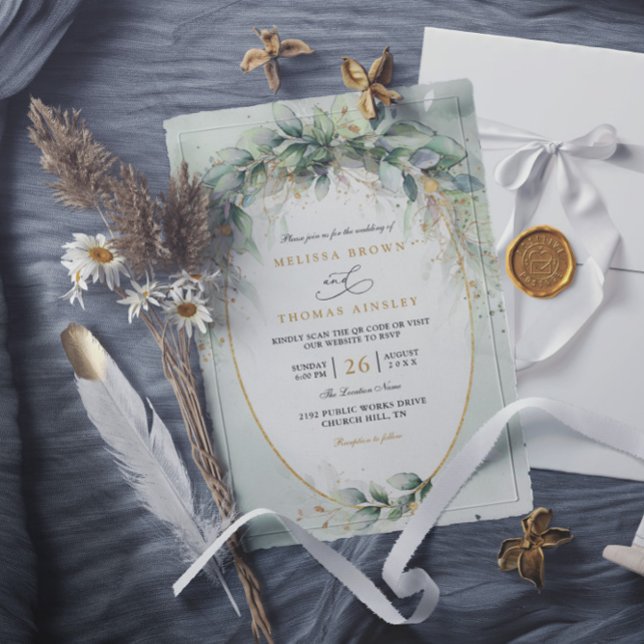 Convites Chic watercolor greenery elegant qr code wedding (Criador carregado)