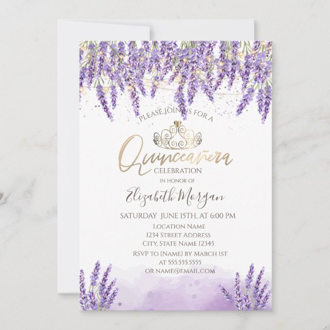 Convites Chic Watercolor Lavanda, String Lights Quinceanera (Frente)