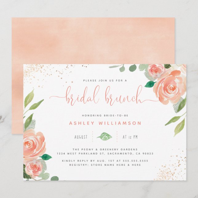 Convites Chic Watercolor Peonies & Eucalyptus Bridal Brunch (Frente/Verso)