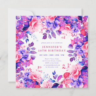 Convites Chic Watercolor Purple Floral 50º Aniversário