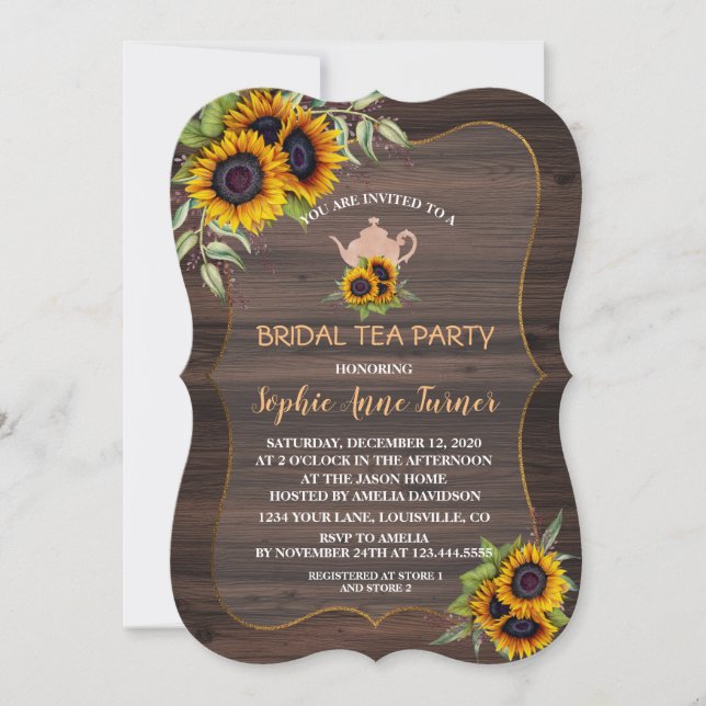 Convites Chic Watercolor Sunflower Wood Wood Bridal Tea Par (Frente)