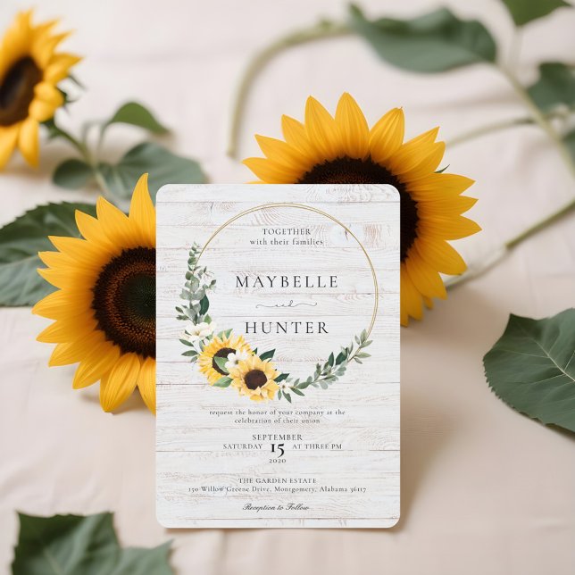 Convites Chic Watercolor Sunflower Wreath Whitewood Casamen (Chic Watercolor Sunflower Wreath Whitewood Wedding Invitation)