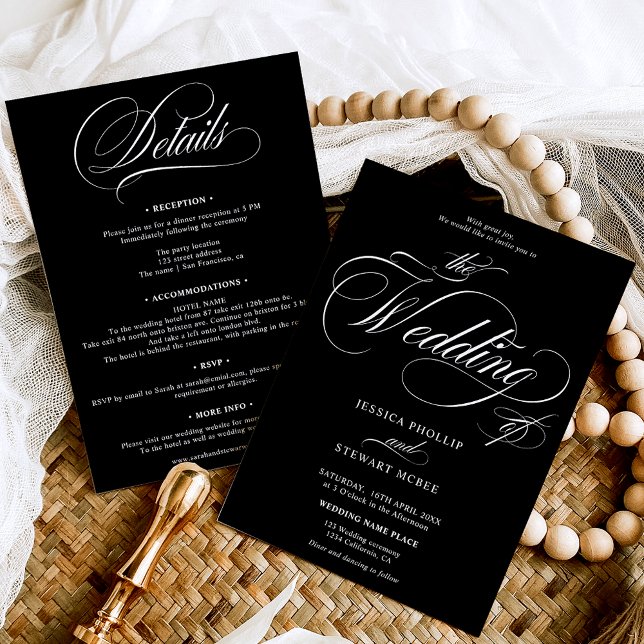 Convites Chic White Black tudo em um casamento de caligrafi (Chic white black all in one calligraphy wedding invitation)
