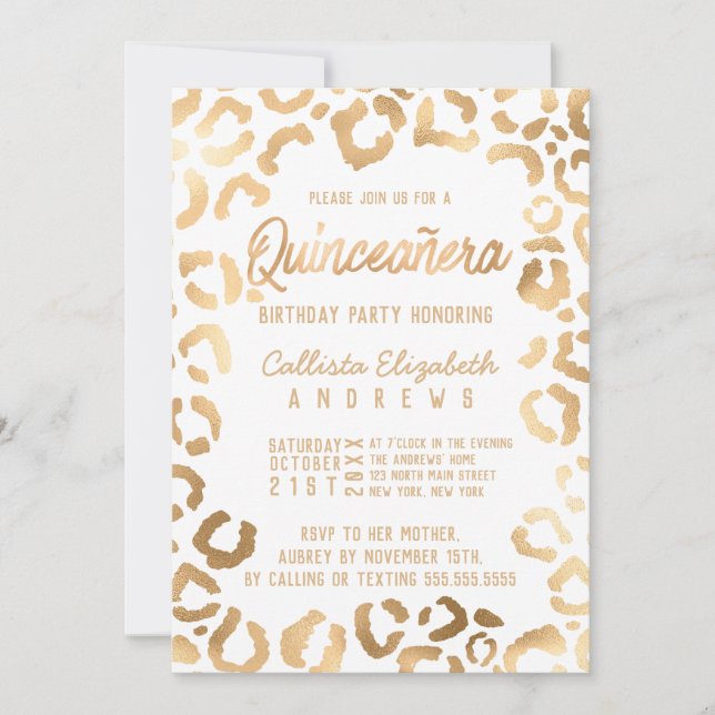Convites Chic White Dourada Cheetah Leopard Quinceañera (Frente)