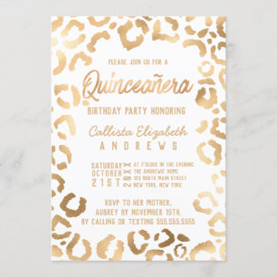 Convites Chic White Dourada Cheetah Leopard Quinceañera