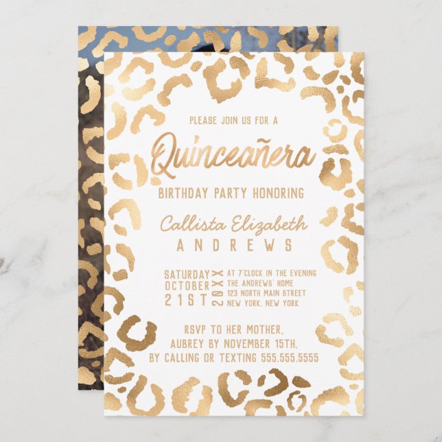 Convites Chic White Dourada Cheetah Leopard Quinceañera Fot (Frente/Verso)