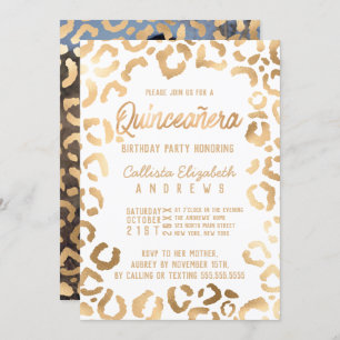 Convites Chic White Dourada Cheetah Leopard Quinceañera Fot