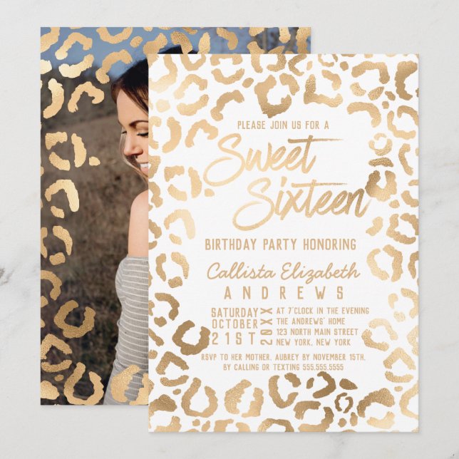 Convites Chic White Dourada Cheetah Leopard Sweet 16 Foto (Frente/Verso)