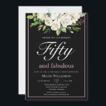 Convites Chic White Floral 50 e Fabuloso Aniversário<br><div class="desc">Os seus convidados saberão que esta será uma festa especial apenas olhando para este convite! Este design apresenta flores brancas elegantes em um fundo preto dramático.</div>