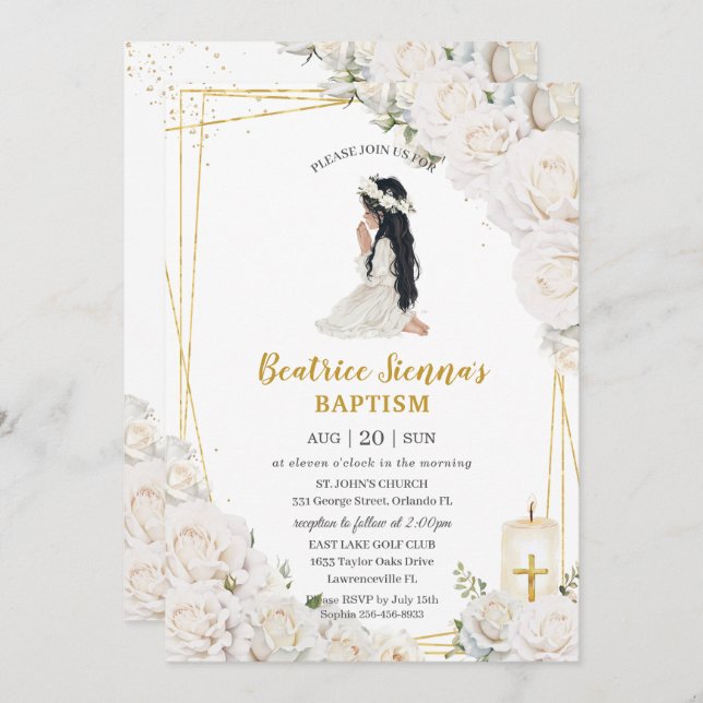Convites Chic White Floral Baptism Christening Oradora Rapa (Frente/Verso)