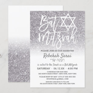 Convites Chic White Silver Faux Glitter Ombre Bat Mitzvah