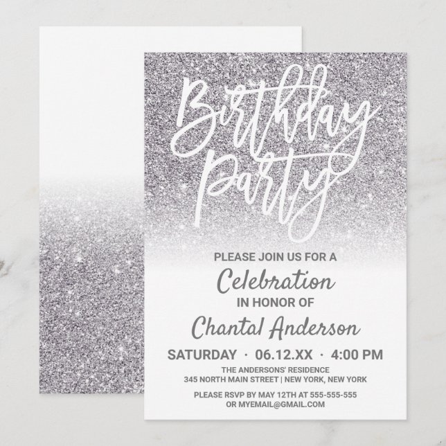 Convites Chic White Silver Faux Glitter Ombre Birthday (Frente/Verso)