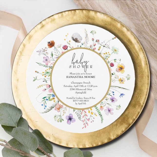 Convites Chic Wildflower Chá de fraldas Round (Chic Wildflower Baby Shower Round Invitations, INSTANT DOWNLOAD and/or PRINTED)