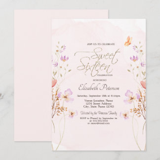 Convites Chic Wildflowers Pink Watercolor Sweet 16
