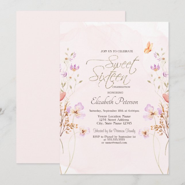Convites Chic Wildflowers Pink Watercolor Sweet 16 (Frente/Verso)