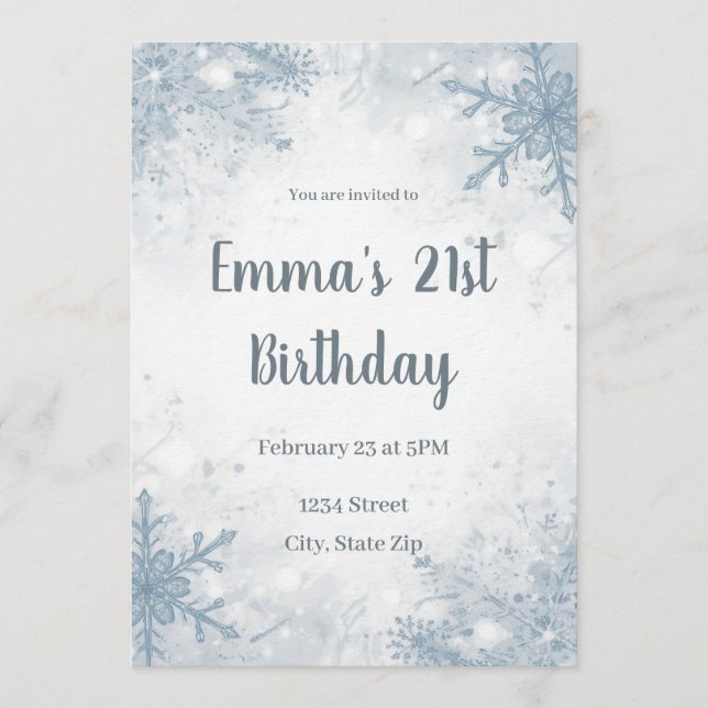 Convites Chic Winter 21st Birthday Invitation – Snowflakes (Frente)
