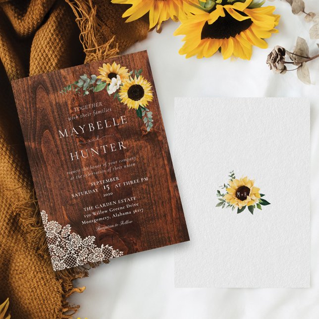 Convites Chic Yellow Sunflower Lace & Woodgrain Weding (Chic Yellow Sunflowers Lace & Woodgrain Wedding Invitation)