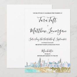 Convites Chicago City Skyline Watercolor Wedding Invitation