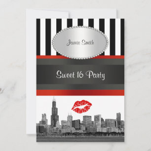 Convites Chicago Skyline BW Blk Wht Strp Red Kiss Sweet 16