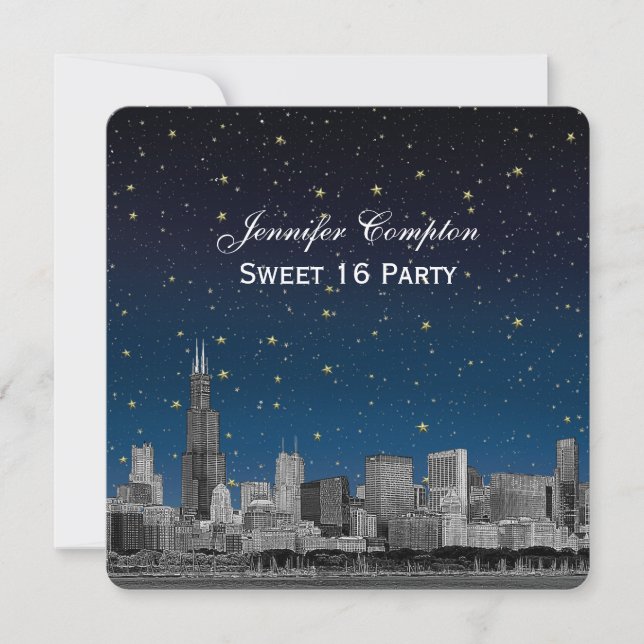 Convites Chicago Skyline Etch Blue Starry SQ Sweet 16 (Frente)