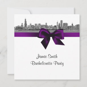 Convites Chicago Skyline Etch BW Purple SQ Bachelorette