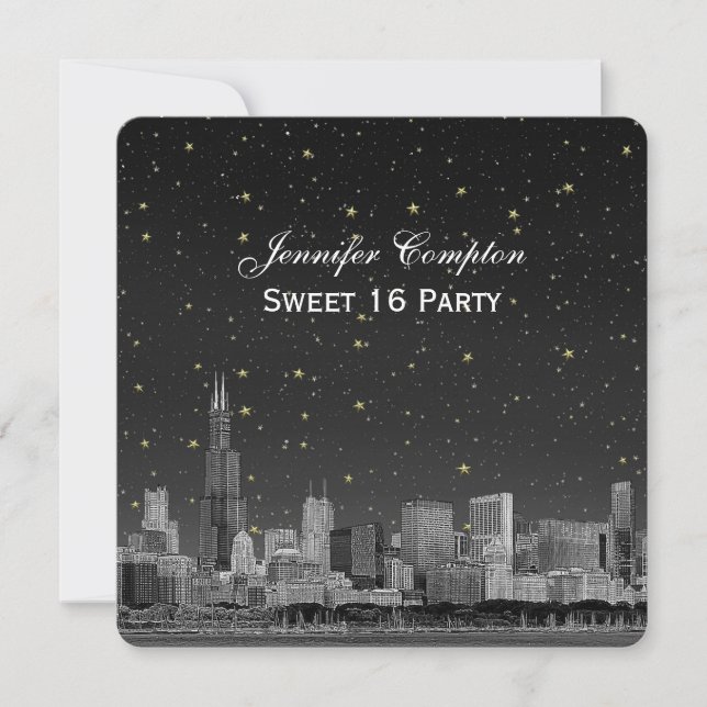Convites Chicago Skyline Etch Cinza Starry SQ Sweet 16 (Frente)